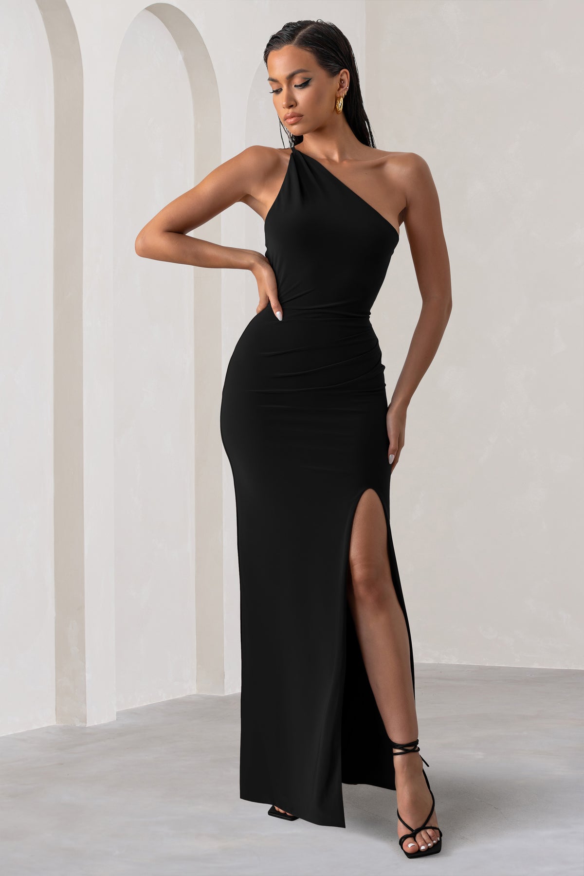 Dressing Up Black One Shoulder Maxi Dress With Open Back Detail – Club ...