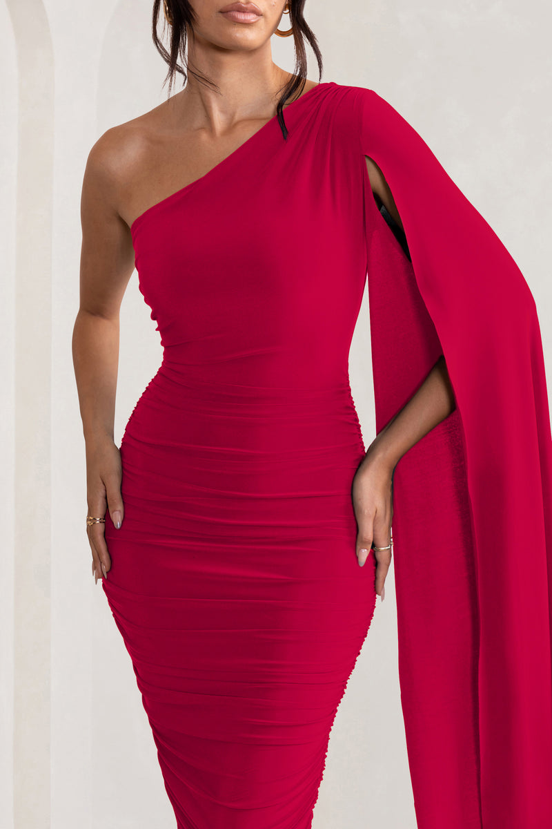 Yara Red One Shoulder Cape Ruched Midi Dress – Club L London - UK