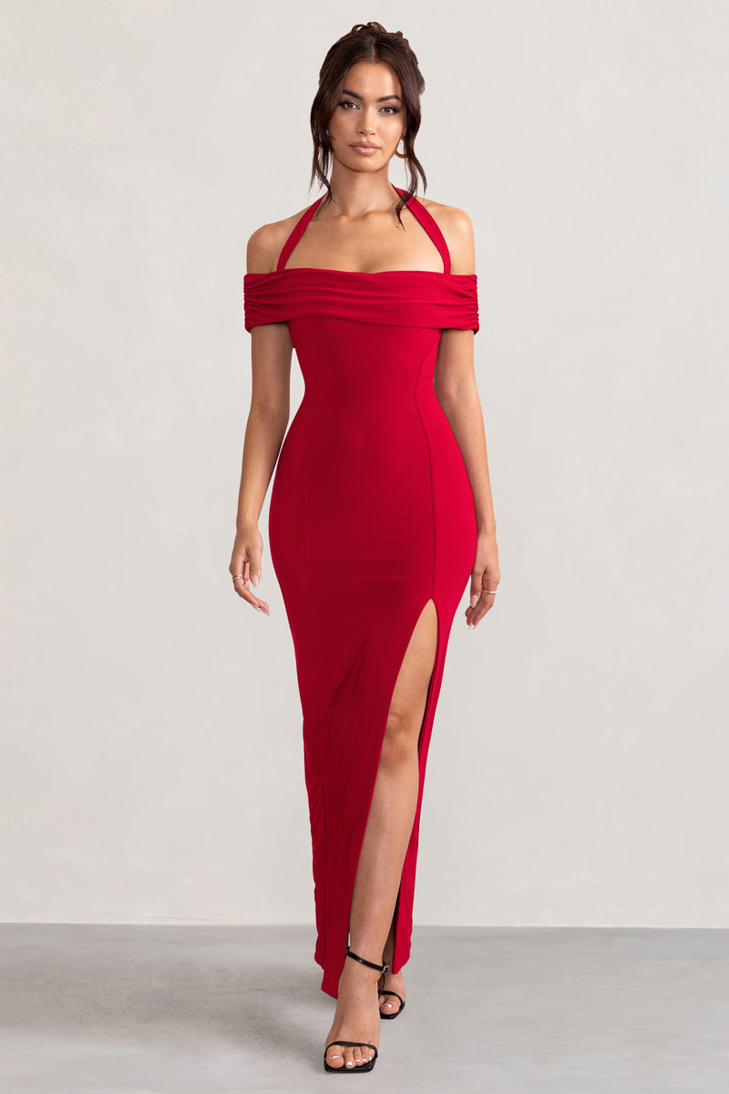 Anisa Red Layered Halter Neck Bardot Maxi Dress With Thigh Split – Club ...