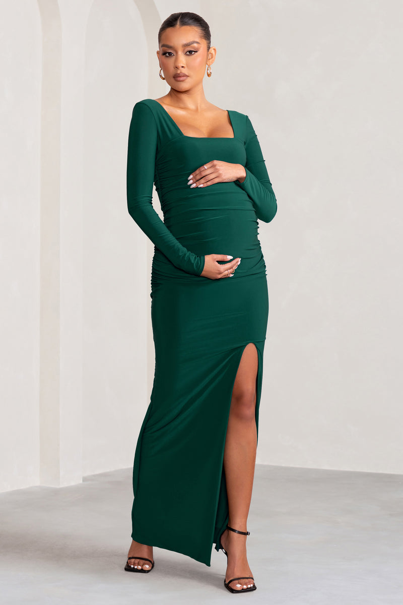 My Pleasure Bottle Green Long Sleeve Square Neck Maternity Maxi Dres ...