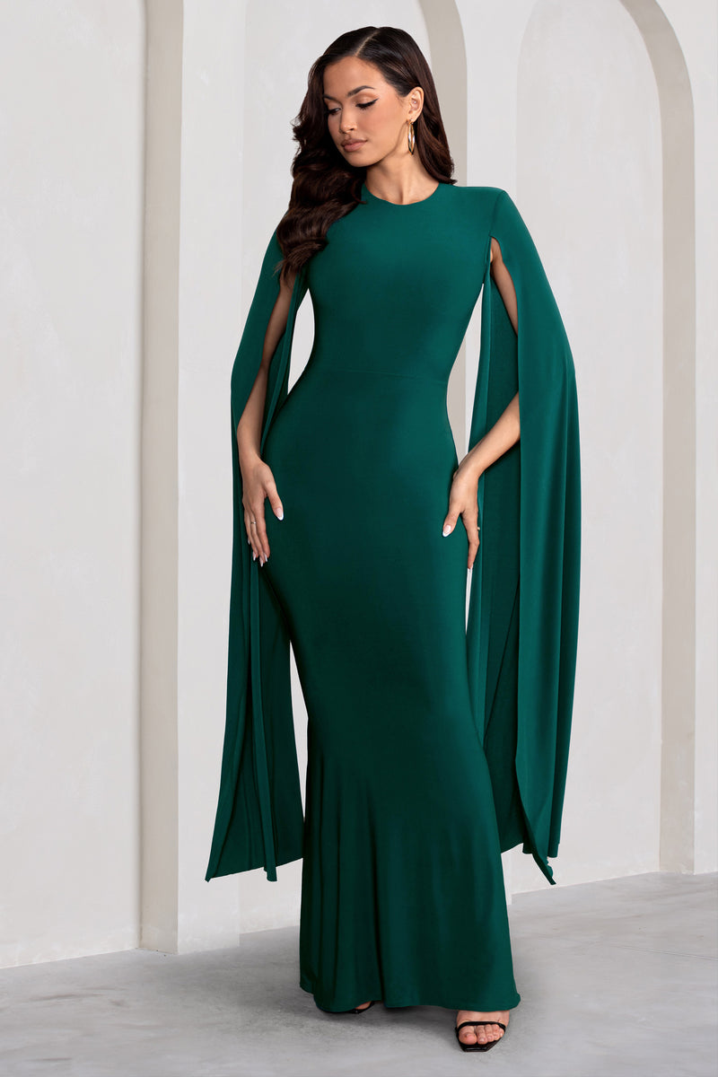 Kimmy Bottle Green High Neck Maxi Dress With Cape Sleeves – Club L ...