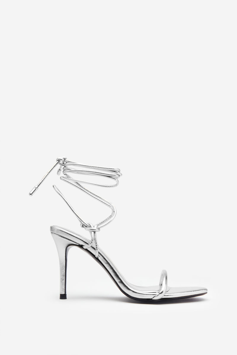 Crossed Wires Silver Metallic Lace-Up Heeled Sandals – Club L London - UK