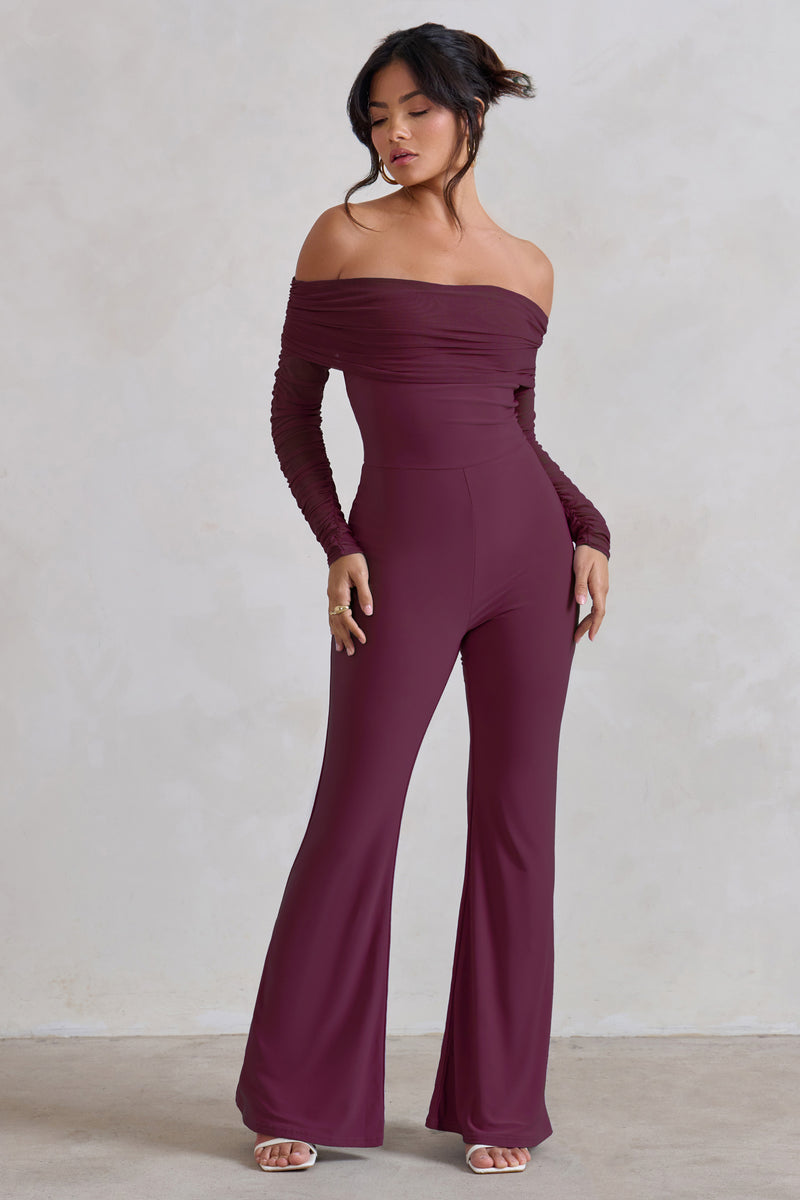 Whisper Burgundy Ruched Mesh Bardot Jumpsuit – Club L London - UK