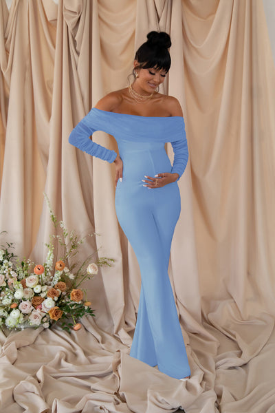 Nuala Powder Blue Bardot Maternity Jumpsuit with Long Sleeves – Club L  London - USA