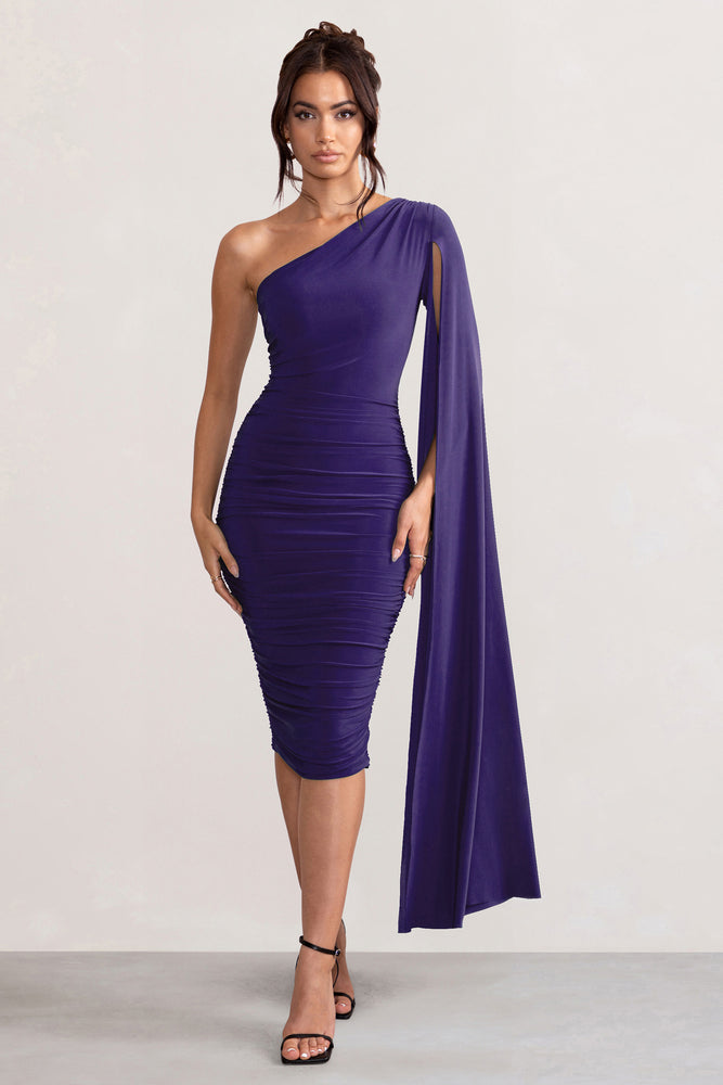 Yara Purple One Shoulder Cape Ruched Midi Dress – Club L London - UK