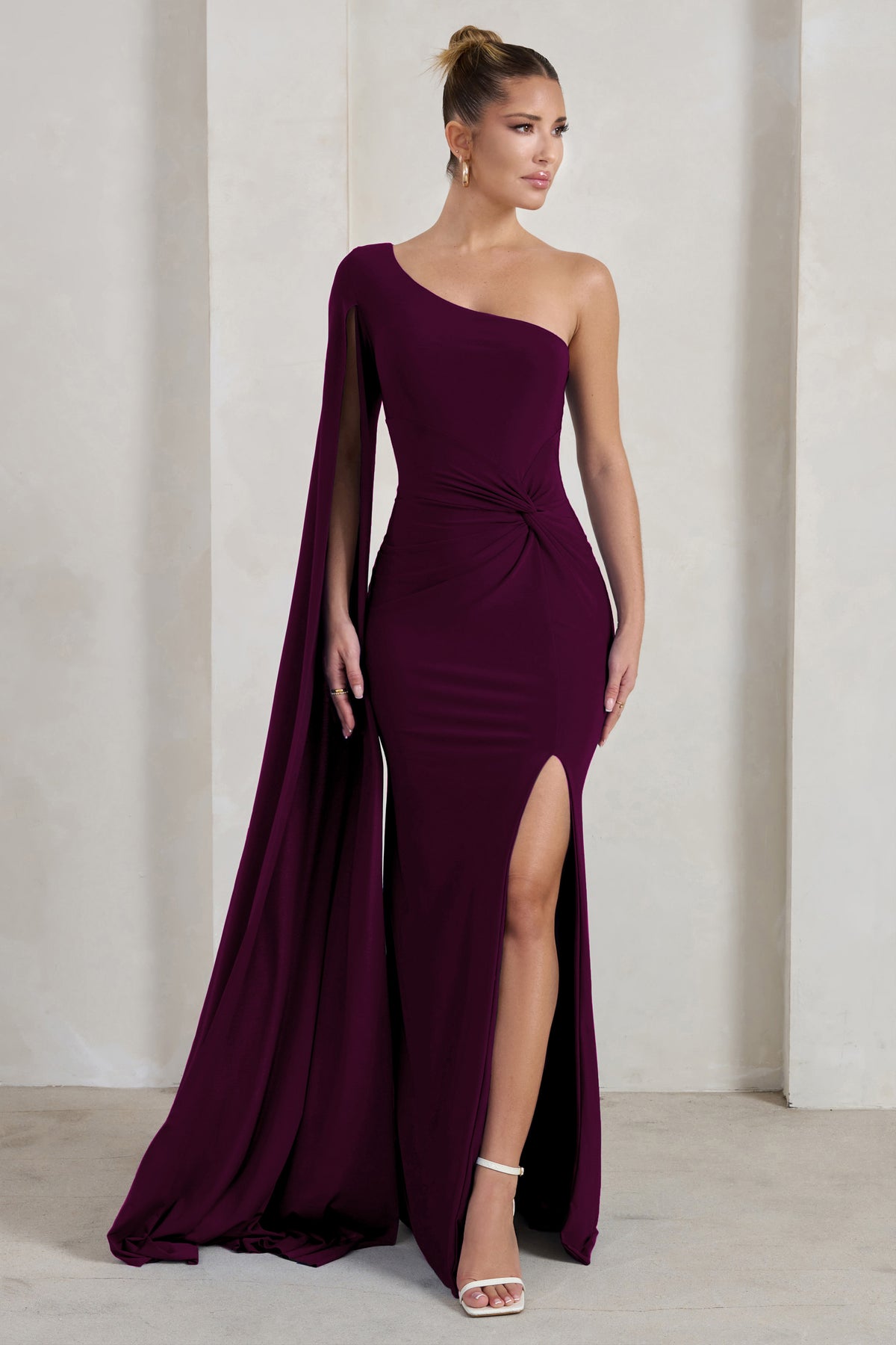 Romi Plum One Shoulder Twist Design Maxi Dress Club L London UK