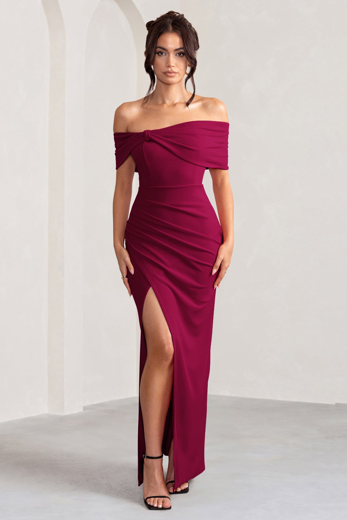 Eva Burgundy Bardot Bow Detail Maxi Dress With Thigh Split – Club L ...