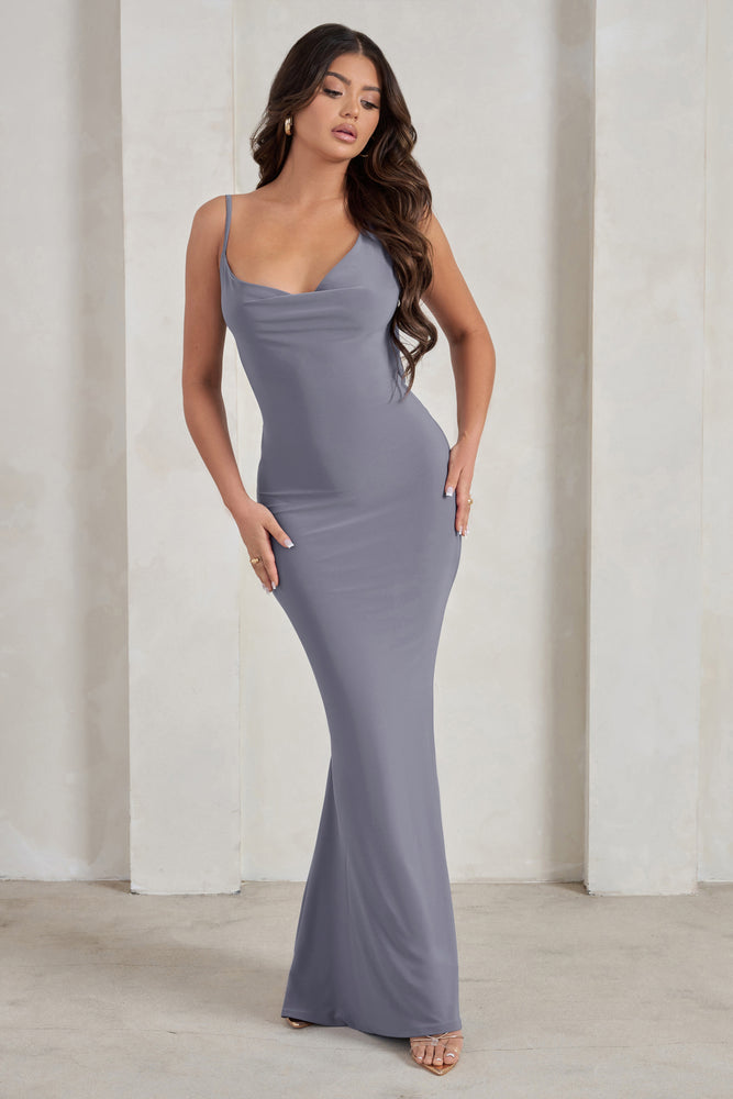 Corinne | Grey Asymmetric Cowl Neck Backless Maxi Dress