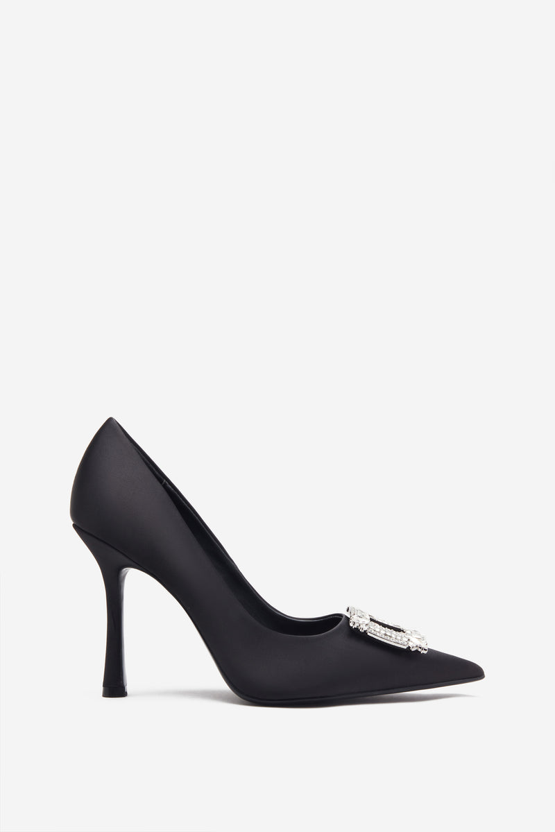 Lawless Black Satin Pointed Court Heels With Diamante Brooches – Club L ...