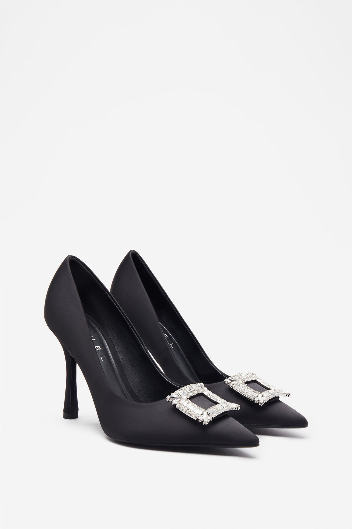 Lawless Black Satin Pointed Court Heels With Diamante Brooches – Club L ...