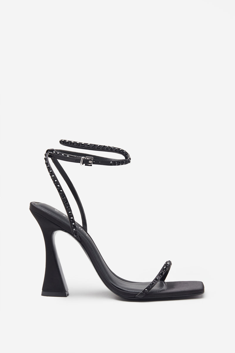 Nostalgia Black Satin Heeled Sandals With Diamante Straps – Club L ...