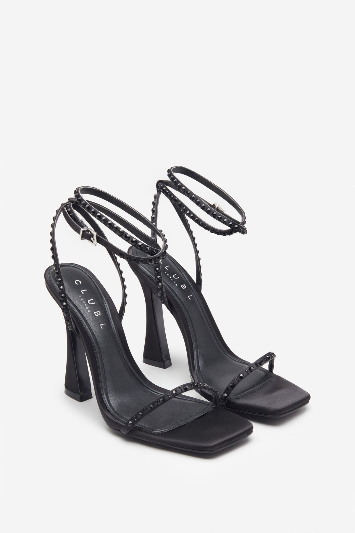 Nostalgia Black Satin Heeled Sandals With Diamante Straps – Club L ...