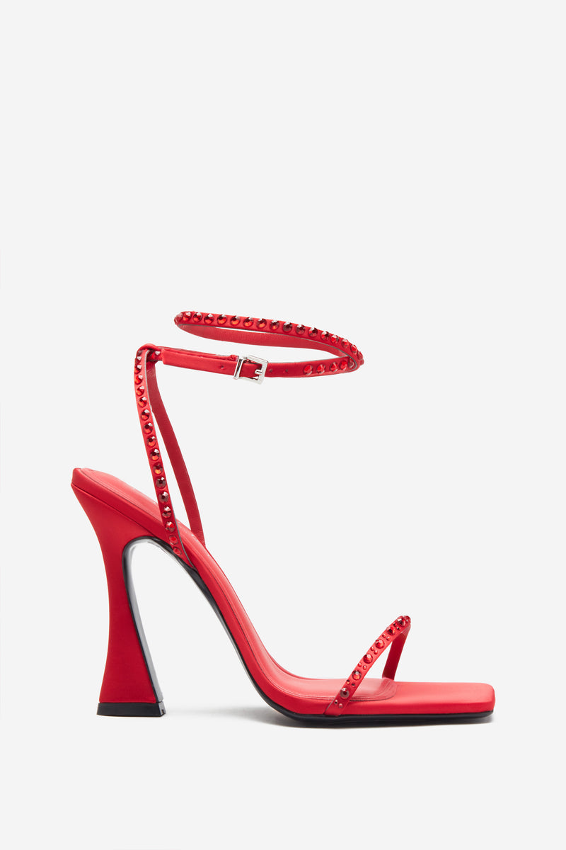 Nostalgia Bright Red Satin Heeled Sandals With Diamante Straps – Club L ...
