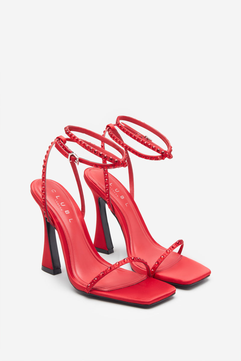 Nostalgia Bright Red Satin Heeled Sandals With Diamante Straps – Club L ...