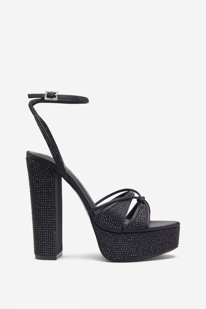 Crystal Cut Black Strappy Heeled Platform Sandals With Diamante