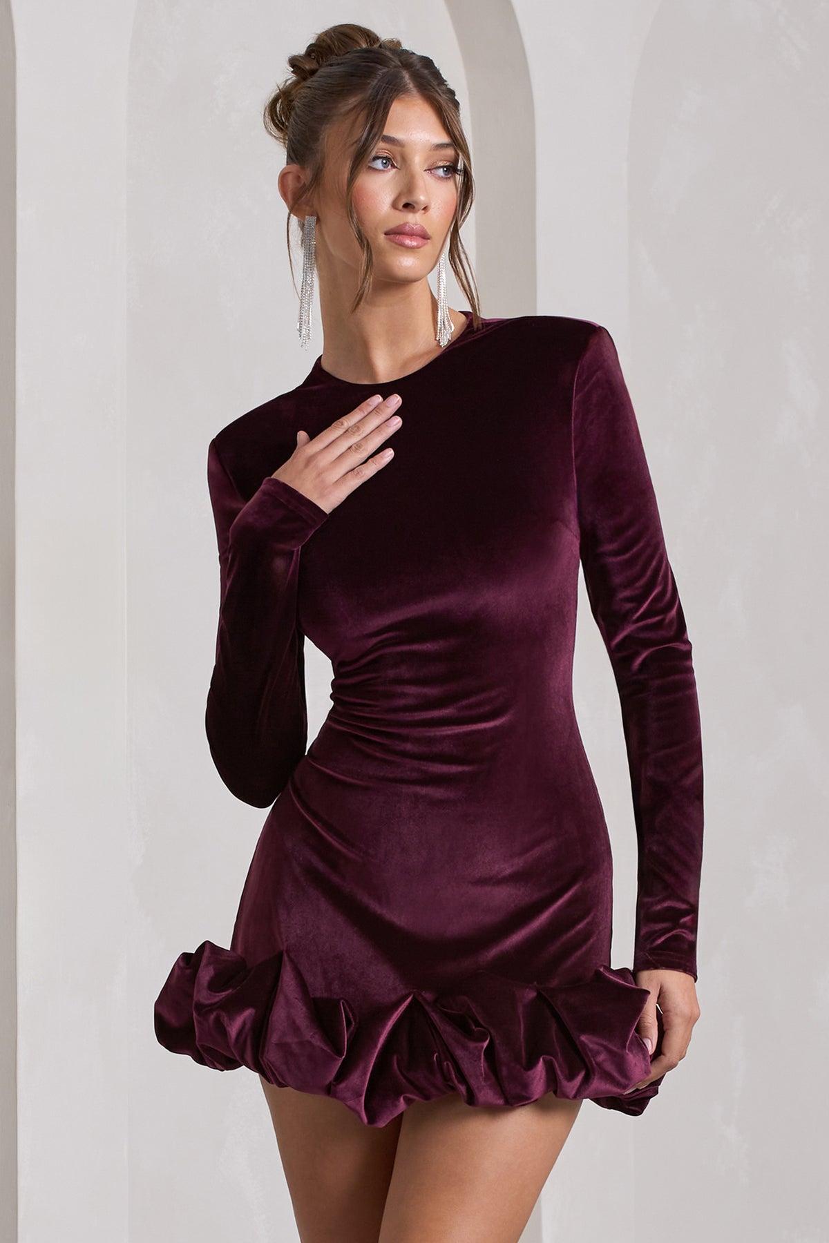 LEFFA - Long-Sleeve Lace Trim Velvet A-Line Cocktail Dress
