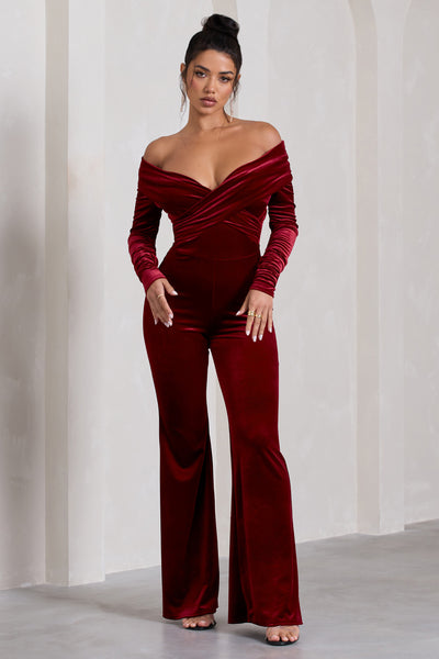 Borealis Berry Velvet Long-Sleeved Bardot Jumpsuit – Club L London