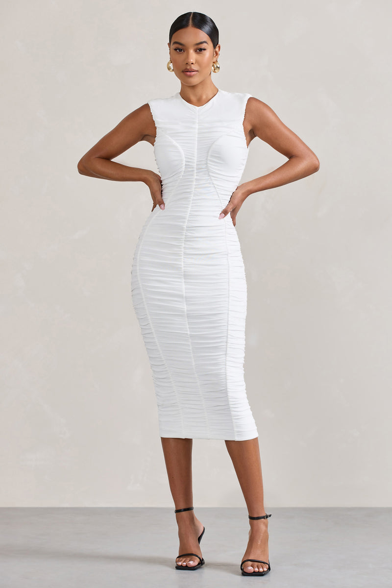 Alight White Ruched Mesh Sleeveless Bodycon Midi Dress – Club L London - UK