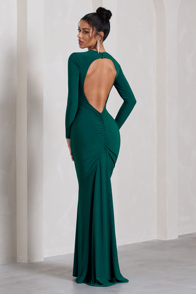 Starring Bottle Green Long-Sleeve Backless Fishtail Maxi Dress – Club L ...