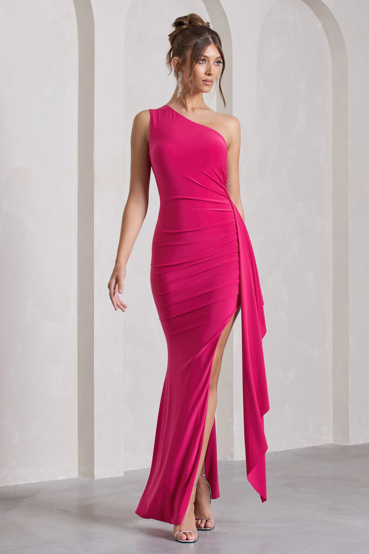 Rewind Hot Pink One Shoulder Sleeveless Split Maxi Dress With Drape ...