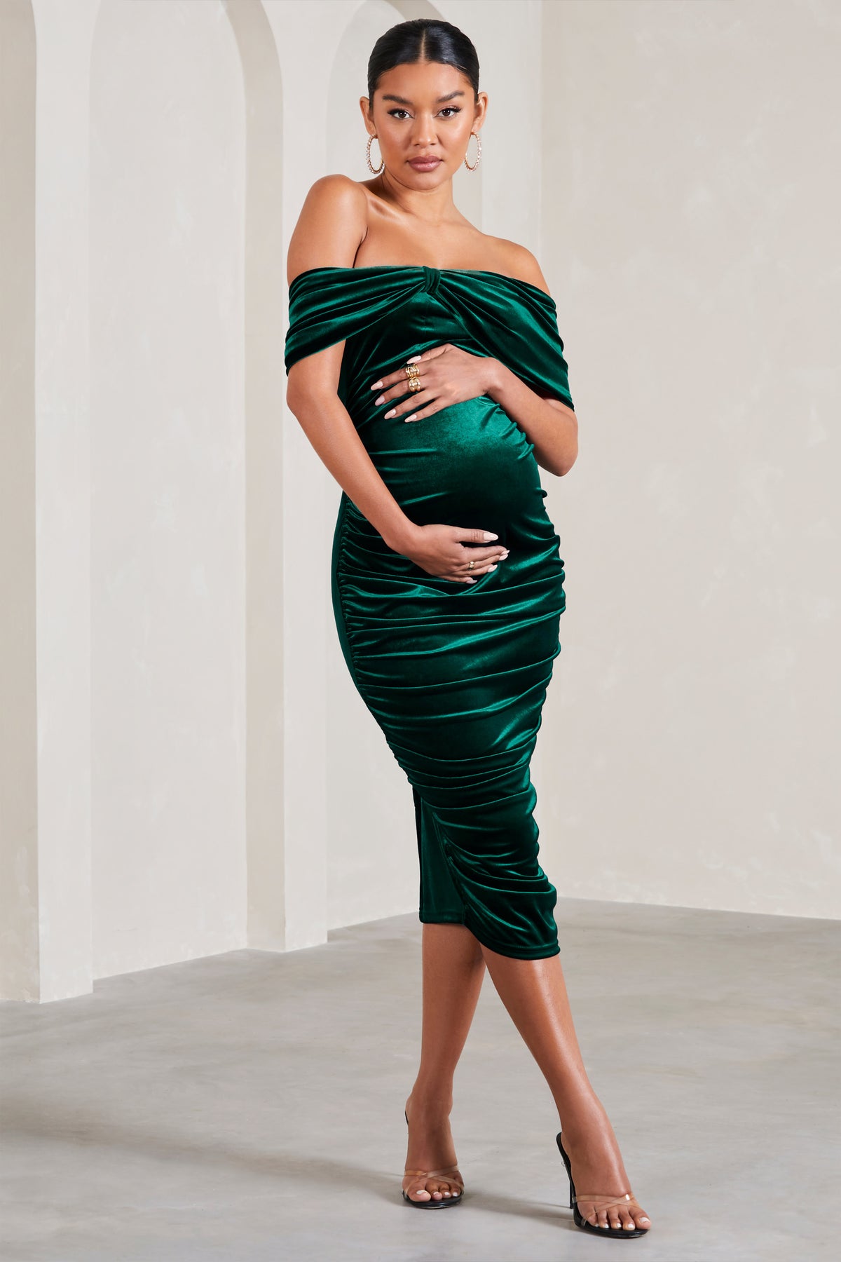 Alyssa Bottle Green Velvet Maternity Bardot Bow Maternity Midi Dress ...