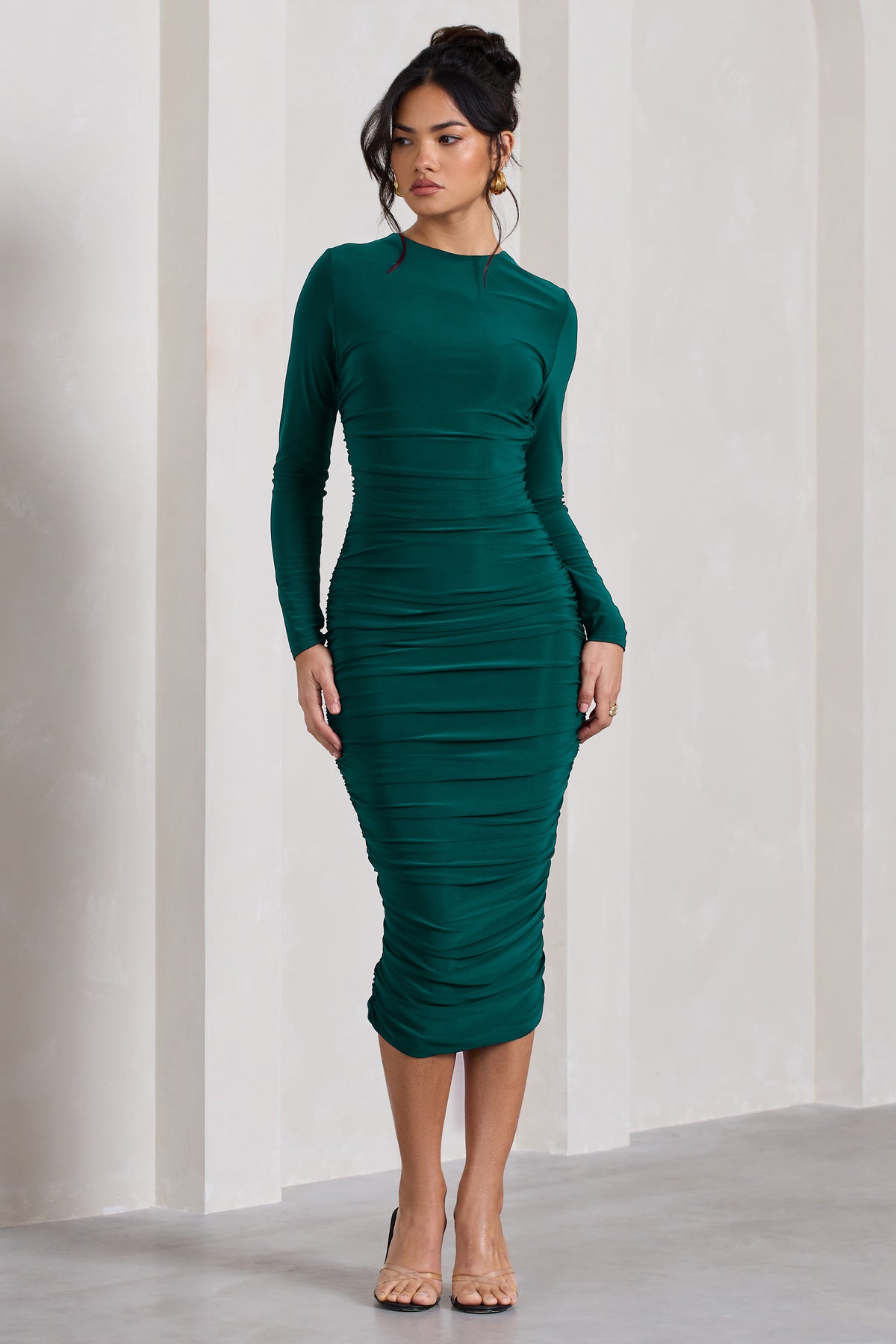 Seductress Bottle Green Square Neck Bodycon Midi Dress With Long