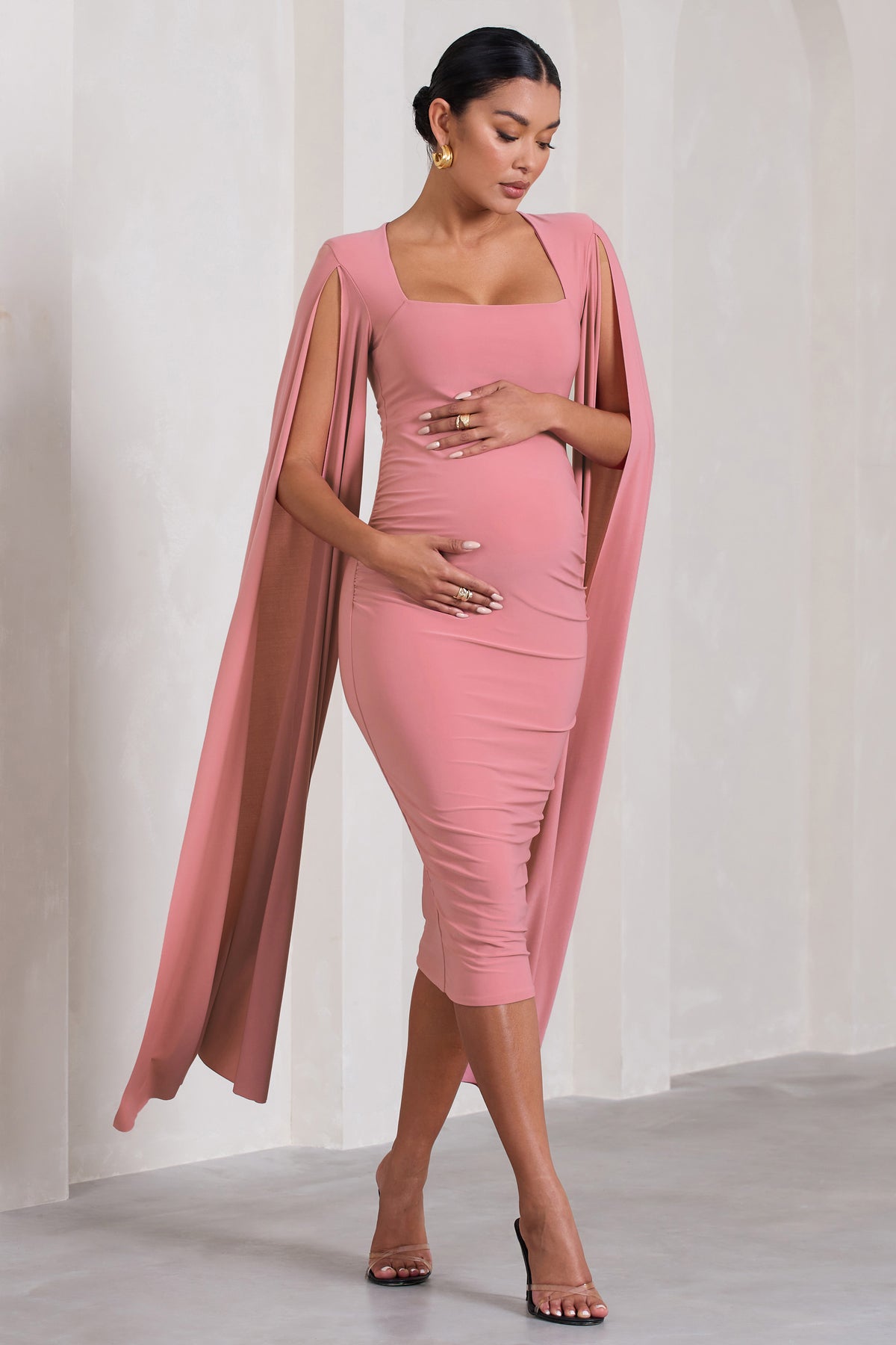 Flawless Blush Pink Maternity Square Neck Midi Dress With Cape Sleev