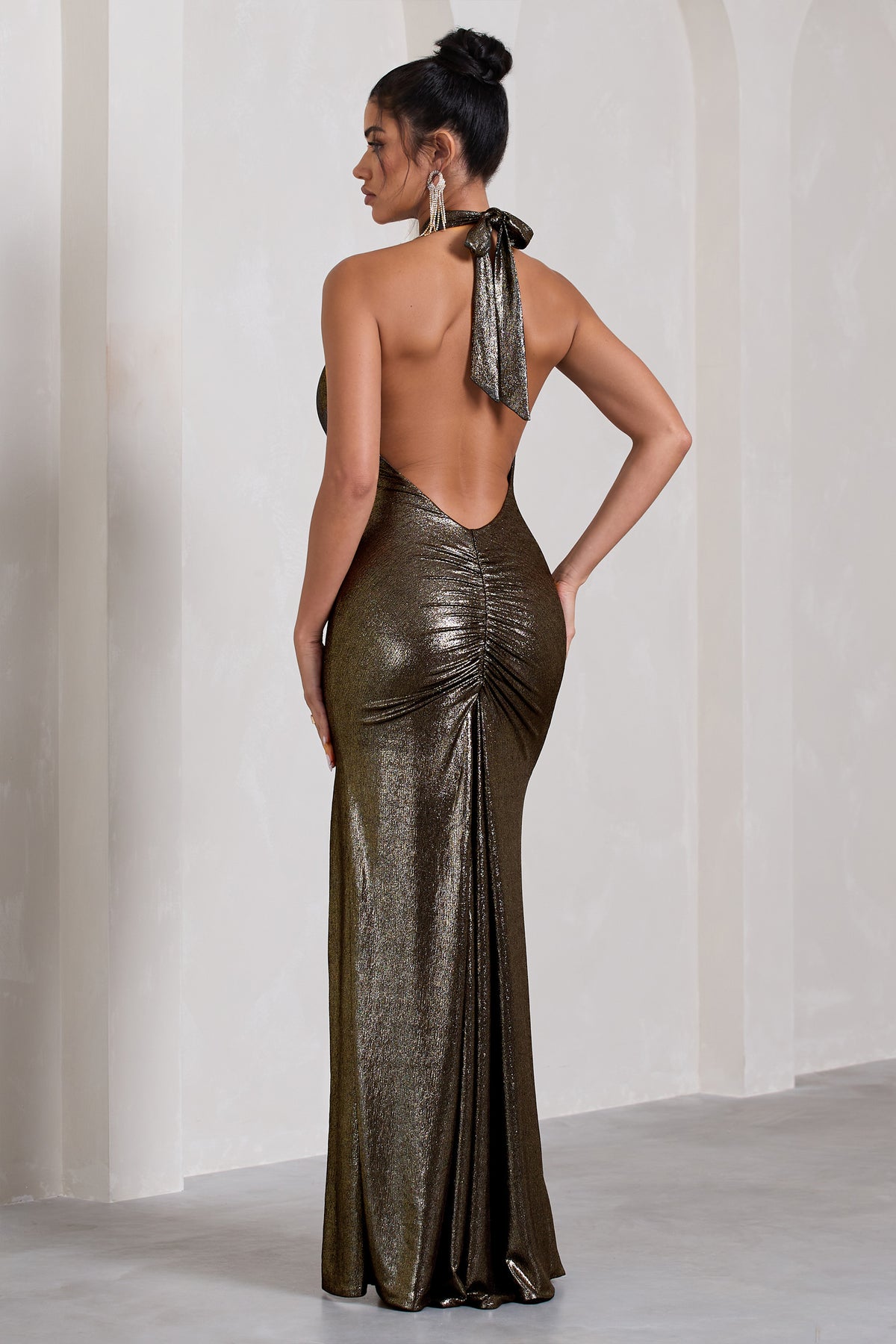 Tabloid Talk Gold Metallic Plunge Halter-Neck Maxi Dress With Twisted Drape  – Club L London - USA