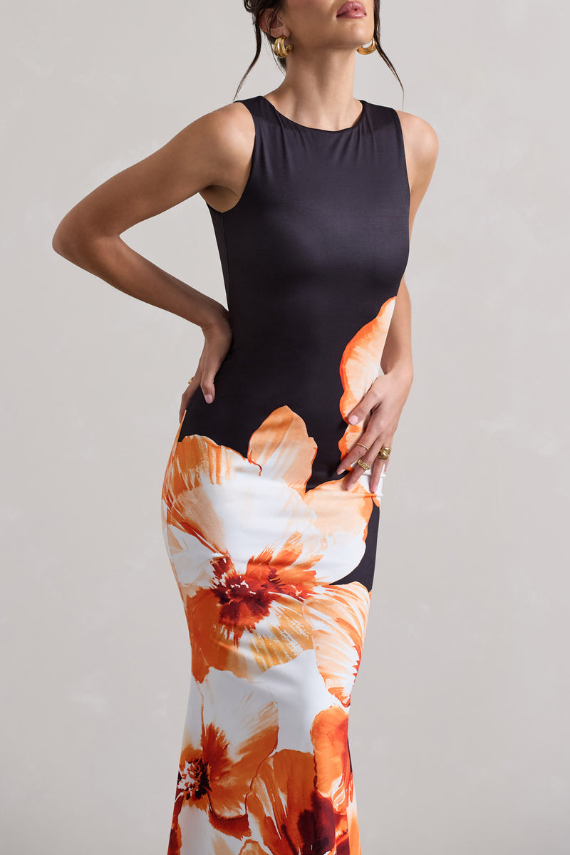 Micah Black & Orange Floral Print Racer-Neck Maxi Dress – Club L London ...