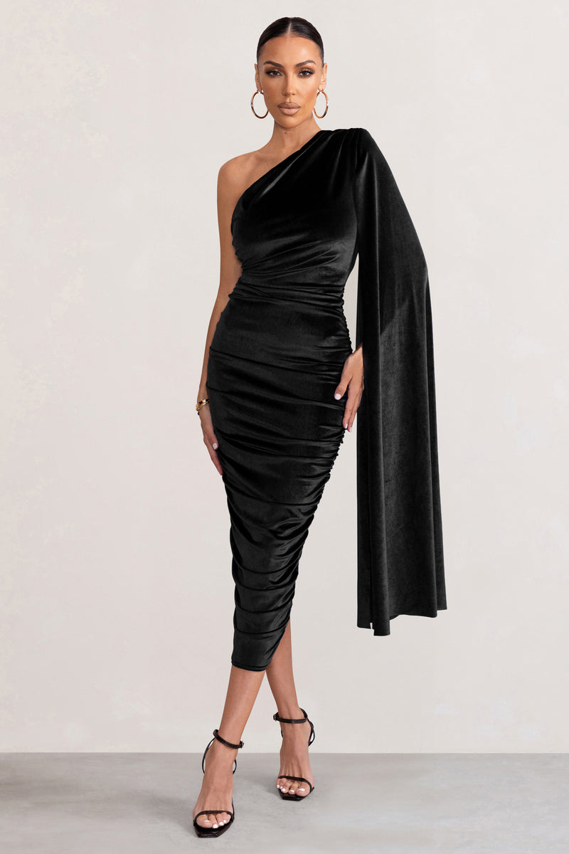 Gianna Black Velvet One Shoulder Cape Bodycon Midi Dress – Club L ...