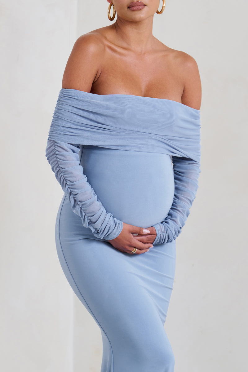 Pretty Perfect | Blush Pink Maternity Ruched Mesh Bardot Maxi Dress