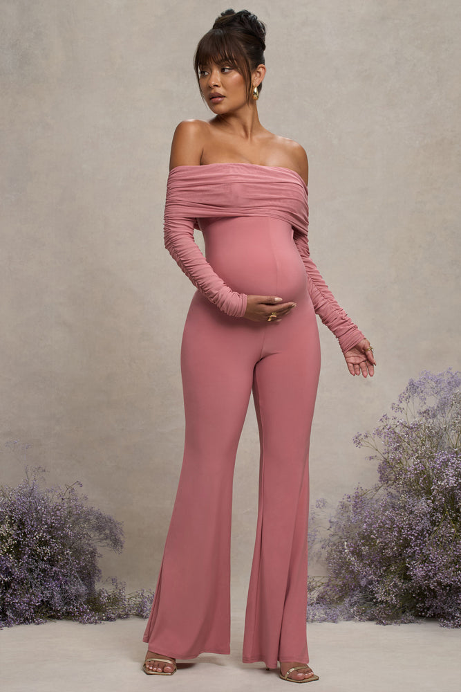 Count Down Blush Pink Maternity Ruched Mesh Bardot Jumpsuit – Club