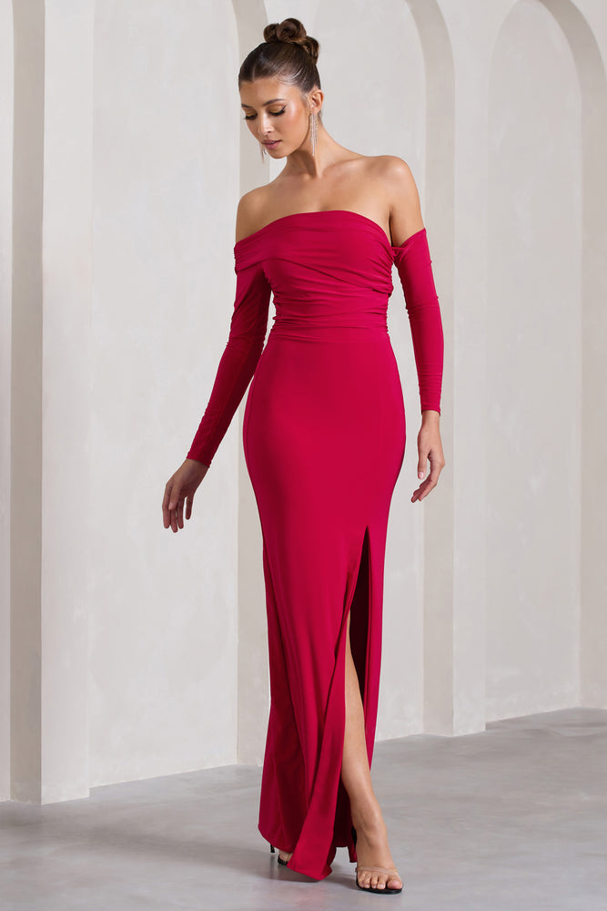Stand Out Red Bardot Long Sleeve Ruched Maxi With Side Split