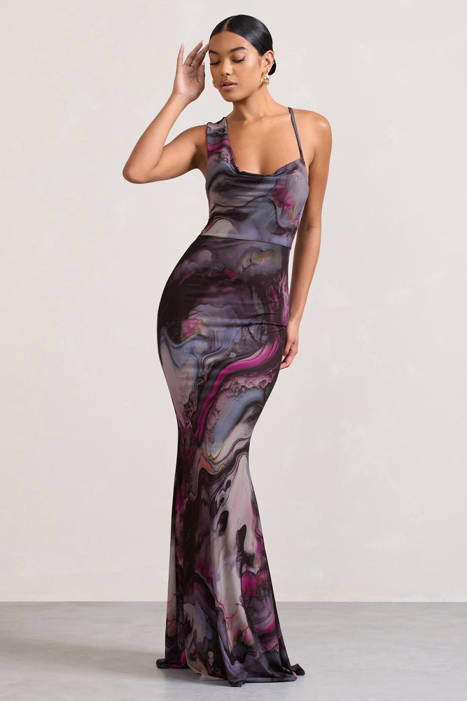 Phantasy | Marble Print Asymmetric Neckline Cowl Maxi Dress