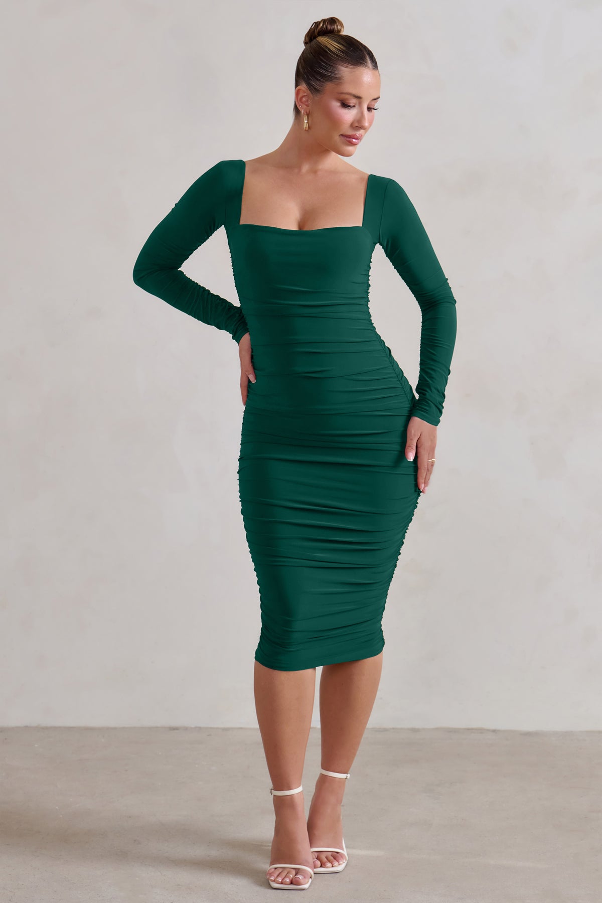 Seductress Bottle Green Square Neck Bodycon Midi Dress With Long Sle – Club  L London - UK