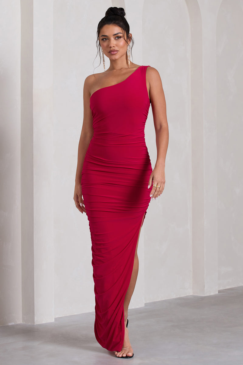 Persia Red One Shoulder Side Split Ruched Maxi Dress – Club L London - UK
