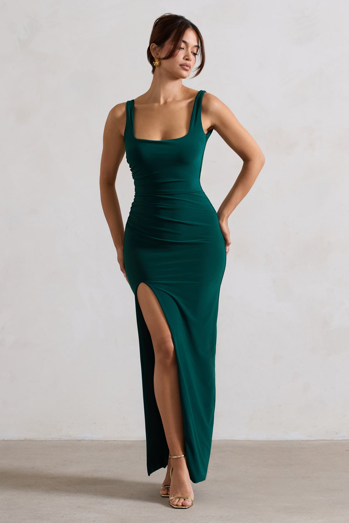 Kate Bottle Green Square Neck Maxi Dress with Plunge Back and Side T Club L London - UK Kate Bottle Green Square Neck Maxi Dress with Plunge Back and Side T Club L London - UK