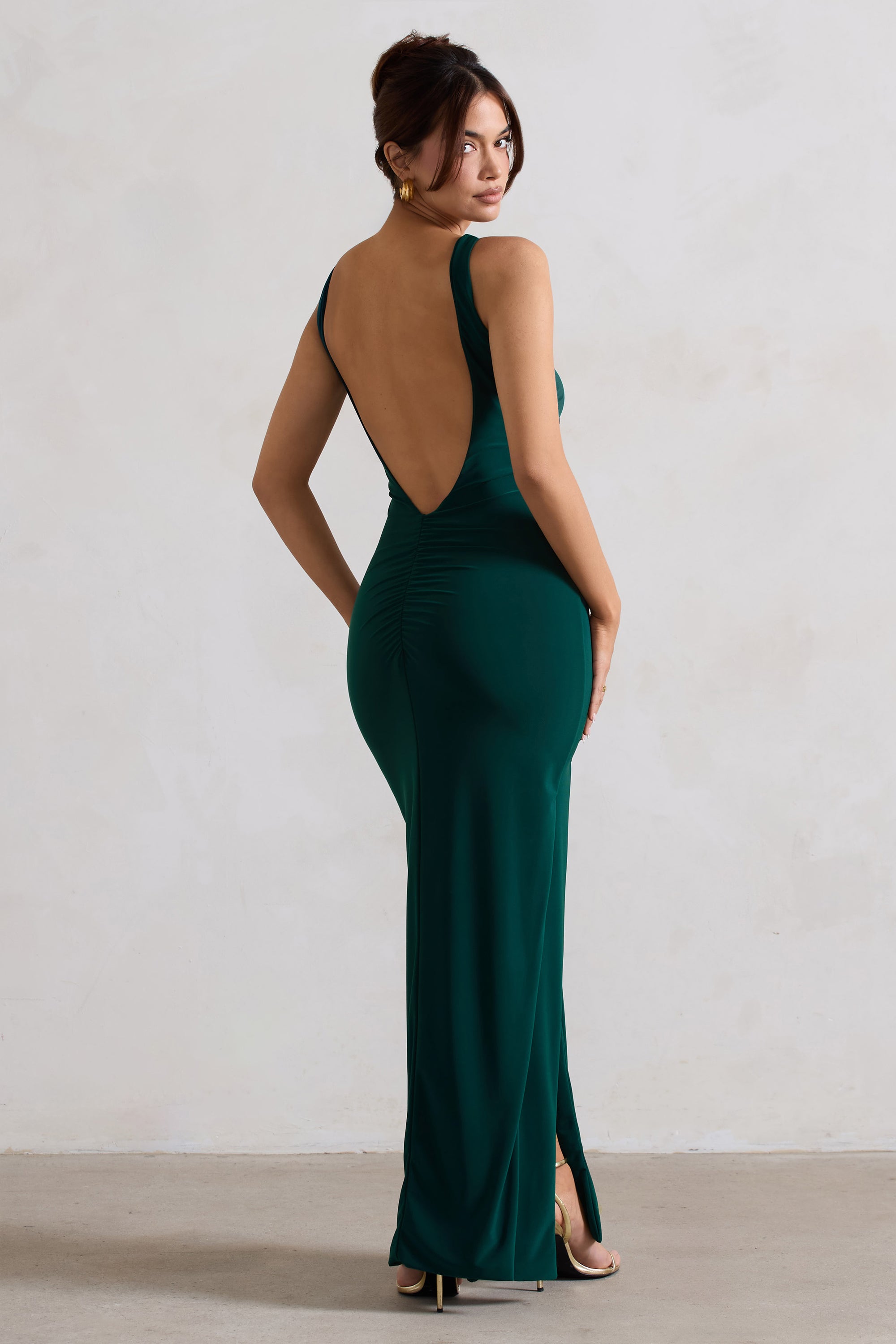 Kate | Bottle Green Square Neck Maxi Dress with Plunge Back and Side Thigh Split - Club L 