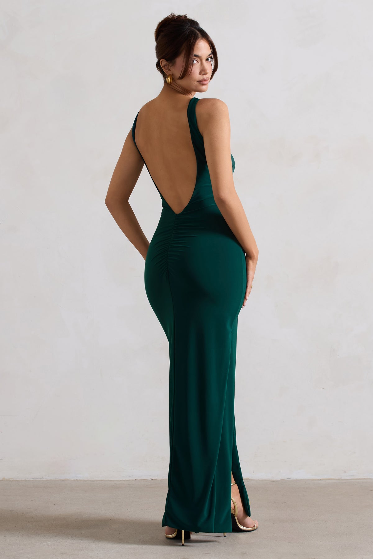 Kate Bottle Green Square Neck Maxi Dress with Plunge Back and Side T Club L London - UK Kate Bottle Green Square Neck Maxi Dress with Plunge Back and Side T Club L London - UK
