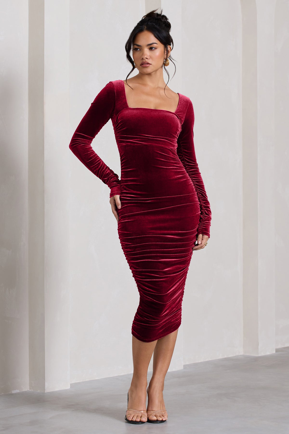 Seductress Berry Velvet Square Neck Bodycon Midi Dress With Long