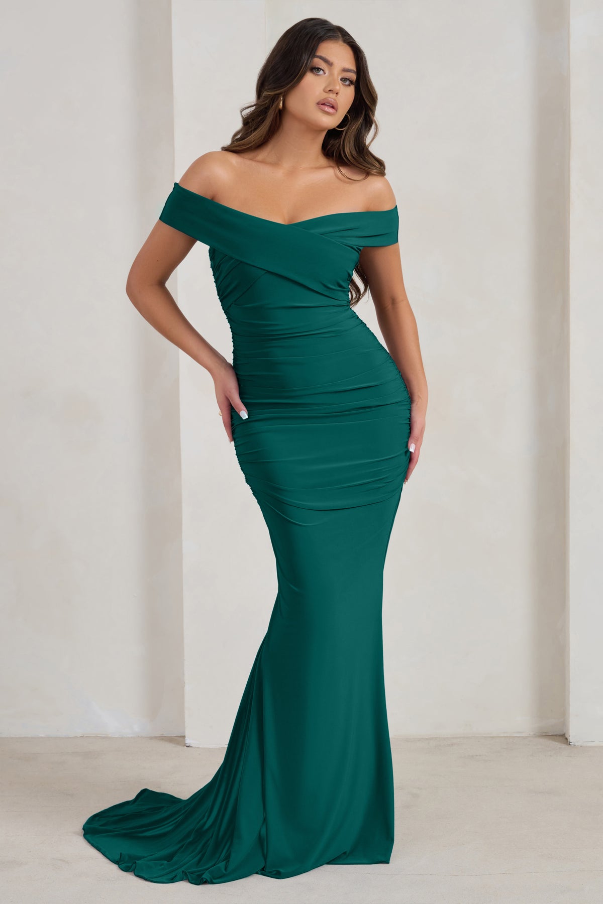 Apolline Bottle Green Off The Shoulder Ruched Fishtail Maxi Dress ...