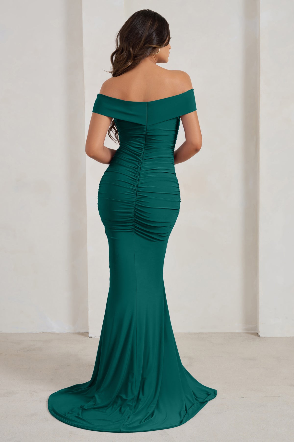 Apolline Bottle Green Off The Shoulder Ruched Fishtail Maxi Dress ...