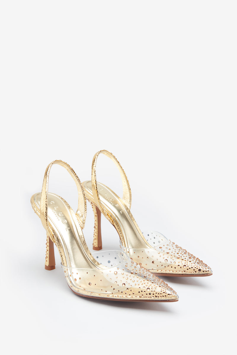 Covergirl Gold Diamante Sling Back Pointed Heels Club L London UK