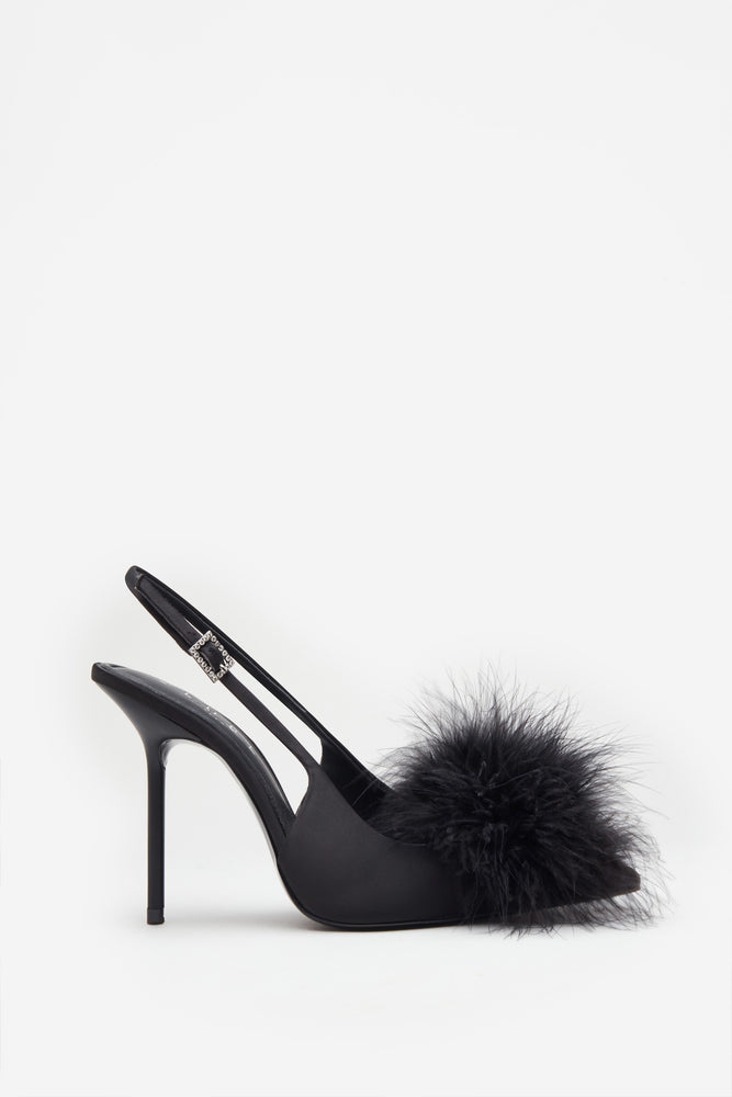 High Pitched Black Satin Sling Back Heels With Pom Poms – Club L London ...