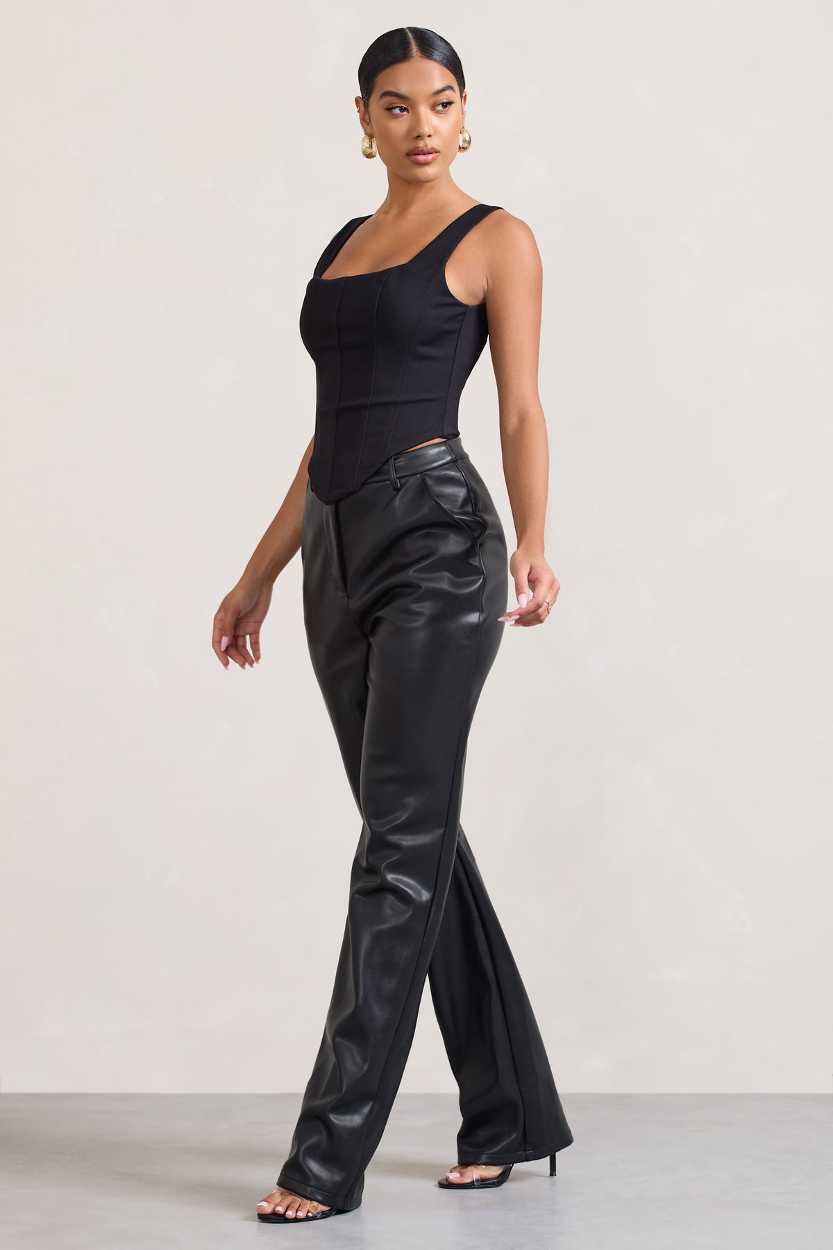 Billie Black Faux Leather Tailored Straight-Leg Trousers – Club L