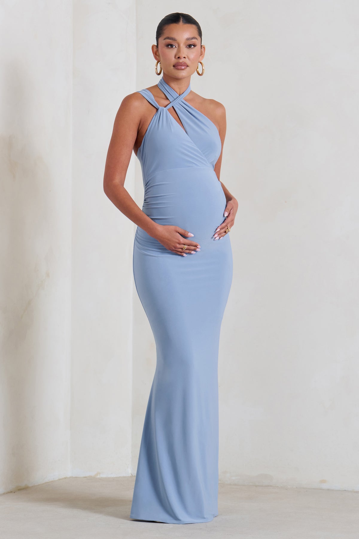 Alba Powder Blue Maternity Halter Asymmetric Maxi Dress with Cut Out ...