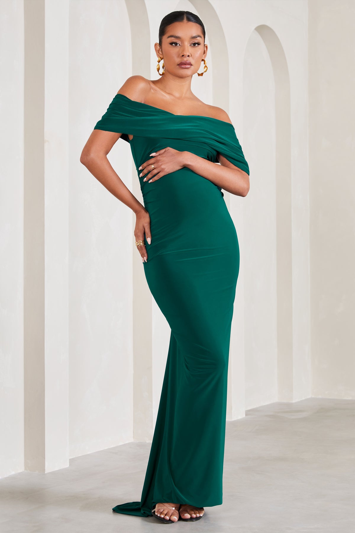 Carmen Bottle Green Bardot Maternity Maxi Dress – Club L London - UK