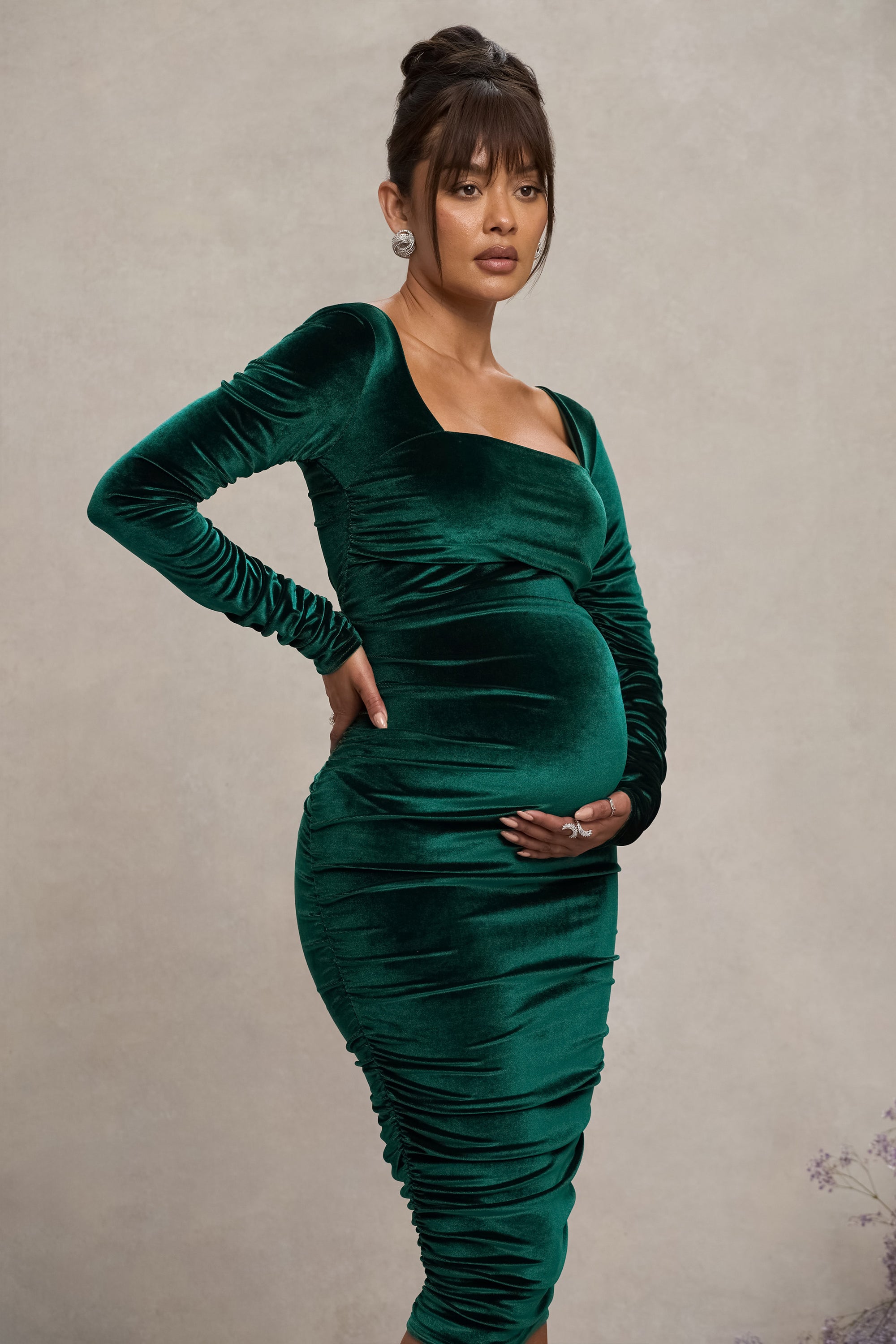 New Life | Bottle Green Velvet Maternity Square Neck Ruched Midi Dress - Club L 