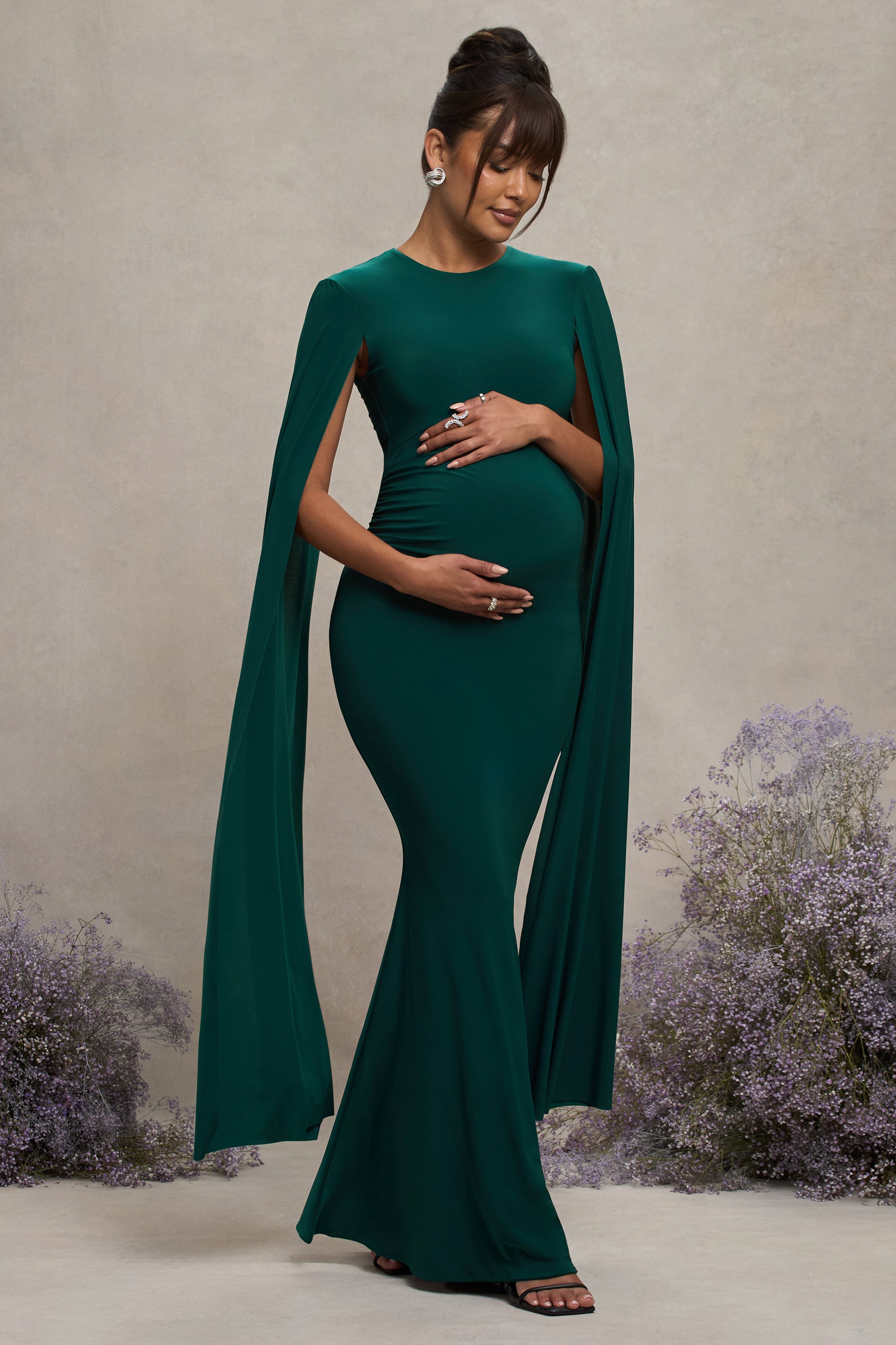 Divine Timing | Bottle Green Maternity Maxi Dress With Cape Sleeves - Club L 