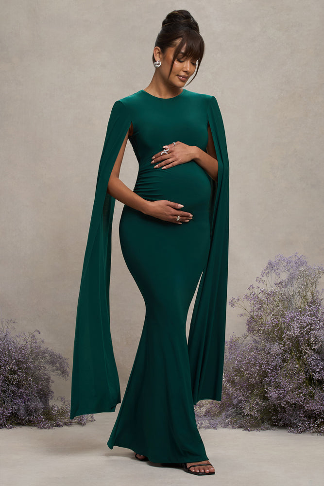 Divine Timing Bottle Green Maternity Maxi Dress With Cape Sleeves